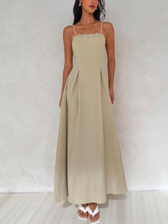 Dresses & Skirts - Spaghetti-Strap Cream Maxi Dress with Lace Trim